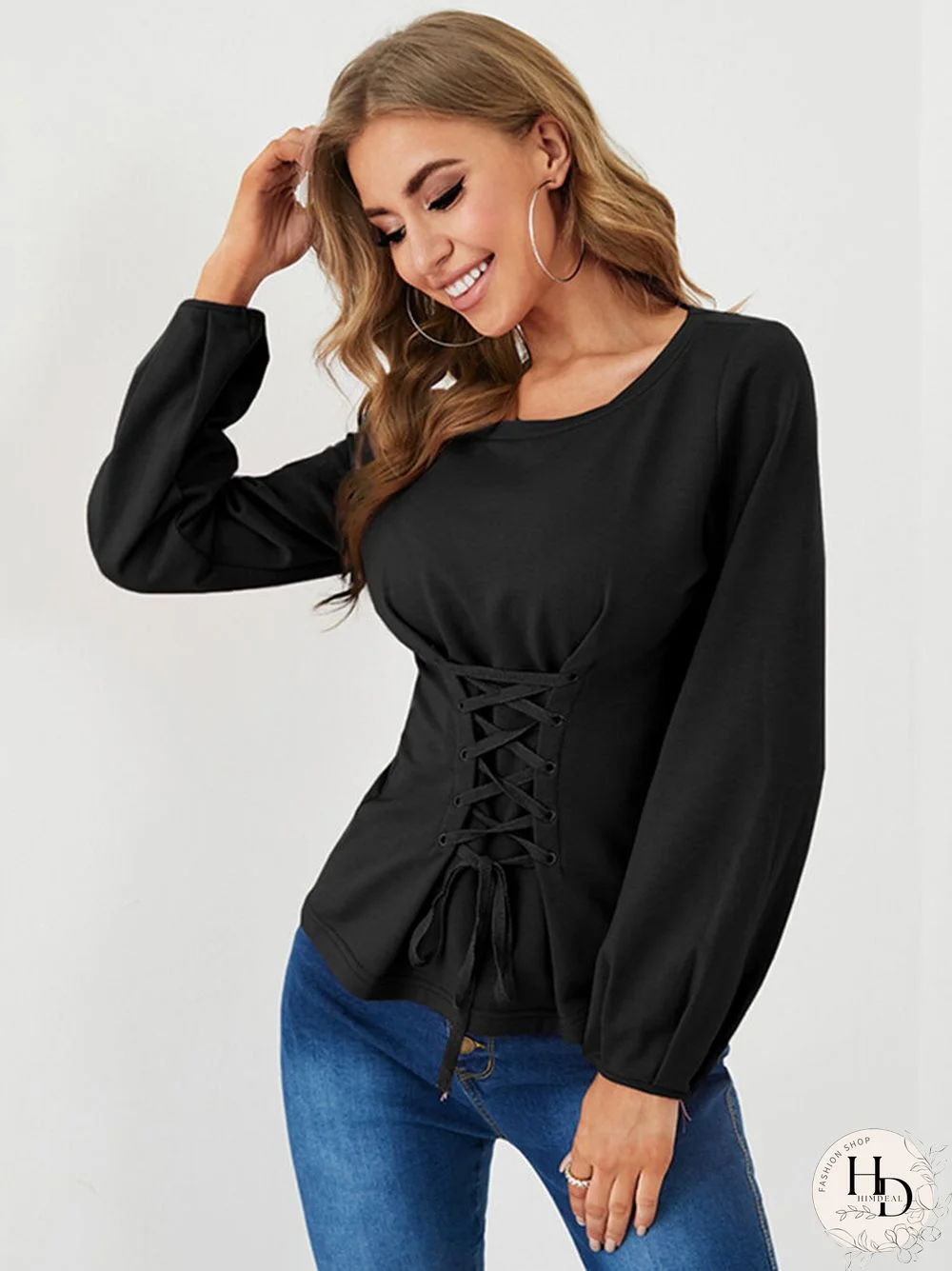 Solid Lace Up Long Sleeve Crew Neck Casual Sweatshirt