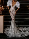 Puff Sleeves Deep V-Neck Wedding Maxi Dress