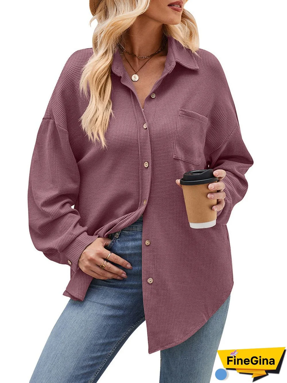 Women's Pockets Buttons Solid Color Long Sleeve V-neck Top