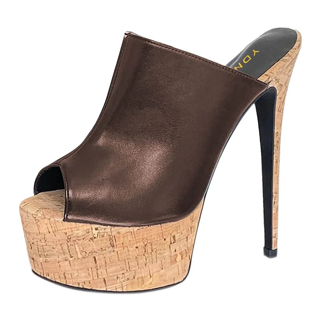 Brown Peep Toe Stiletto Heel Platform Slip On Mule Shoes for Women