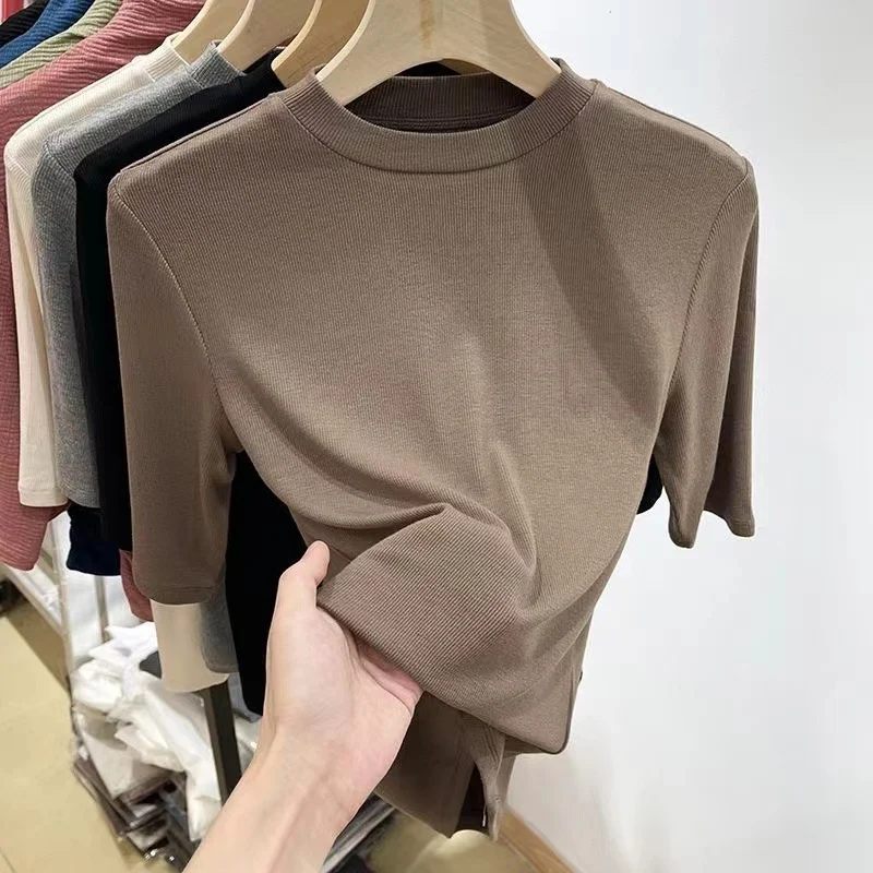 Zingj Zingj Wind Advanced Sense Pure Color Half High Collar Five Minutes Sleeve Sleeve T Shirt Female Slim Slim Inside The Bottom Shirt Woman
