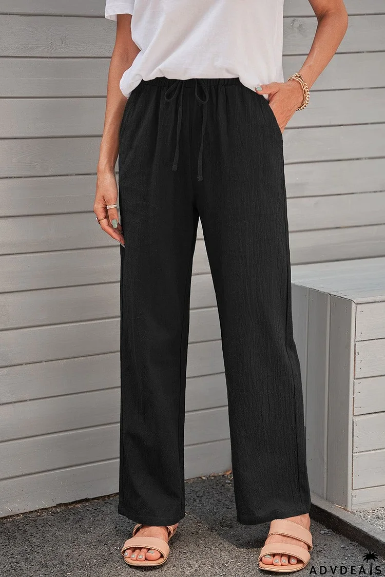 Women's Black Drawstring Elastic Waist Pockets Long Straight Legs Pants