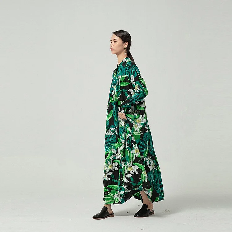 Temperament Loose Half Stand Collar Floral Printed Pleated Back Long Sleeve Dress