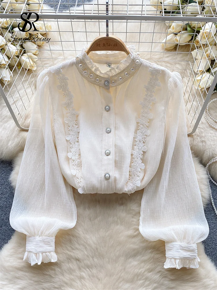 Huibahe High Street Pearl Beading Blouse Women Crease Pleated Chic Top Fashion Ruffles Long Sleeves Floral Embroidery Shirt