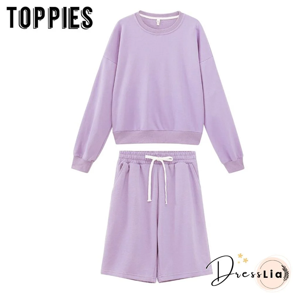 toppies Women Two Piece Set Tracksuits O-neck Sweatshirts Elastic High Waist bermuda shorts solid color