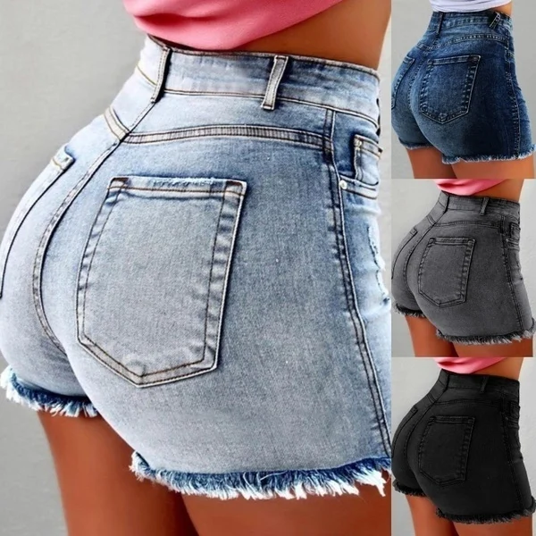 Summer Women's Fashion Causal Stretchy Denim High Waist Beach Shorts Washed Jeans Pants