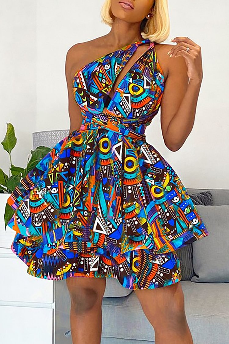 Xpluswear Plus Size One Shoulder Cut Out Peacock Blue Ankara All Over Print A-Line Overlay Mini Dress [Pre-Order]