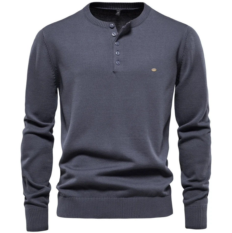 Men's Casual Solid Color Cotton Henley Collar Pullover Sweater