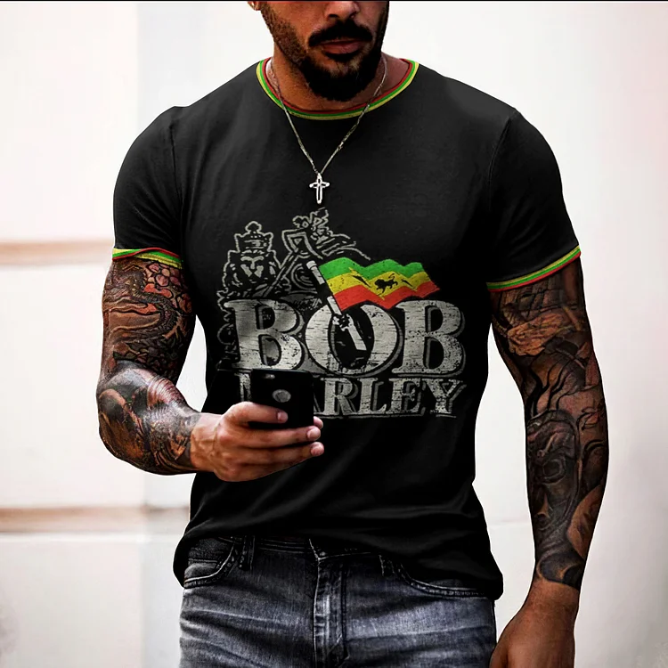 Broswear Rasta Music Bob Print Short Sleeve T-Shirt