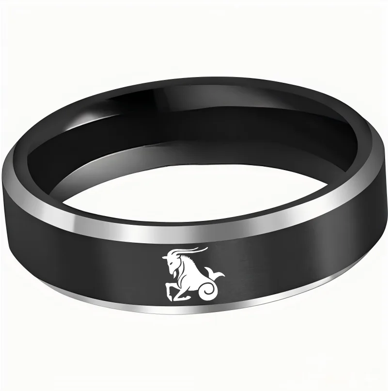 Mens Womens Black Capricorn Tungsten Carbide Rings Black Edges and Laser Etched Wedding Bands Comfort Fit 4MM 6MM 8MM