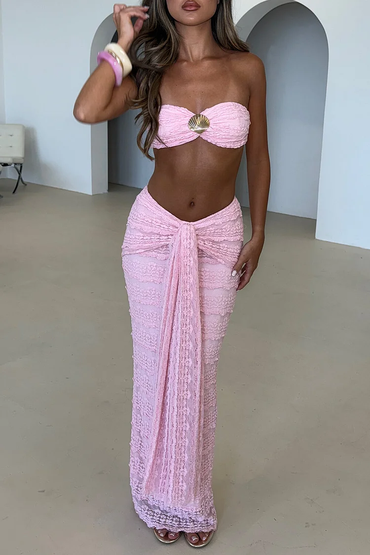 Lace Strapless Crop Top Tie Up Sash Maxi Skirt 2pcs Set-Pink [Pre Order]