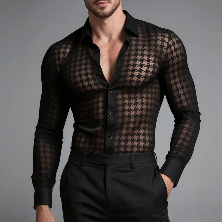Okaywear See-Through Houndstooth Long Sleeve Single Breasted Shirt Okaywear
