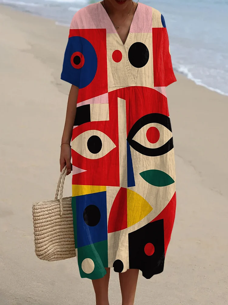 Retro Abstract Face Art Print V-Neck Midi Dress