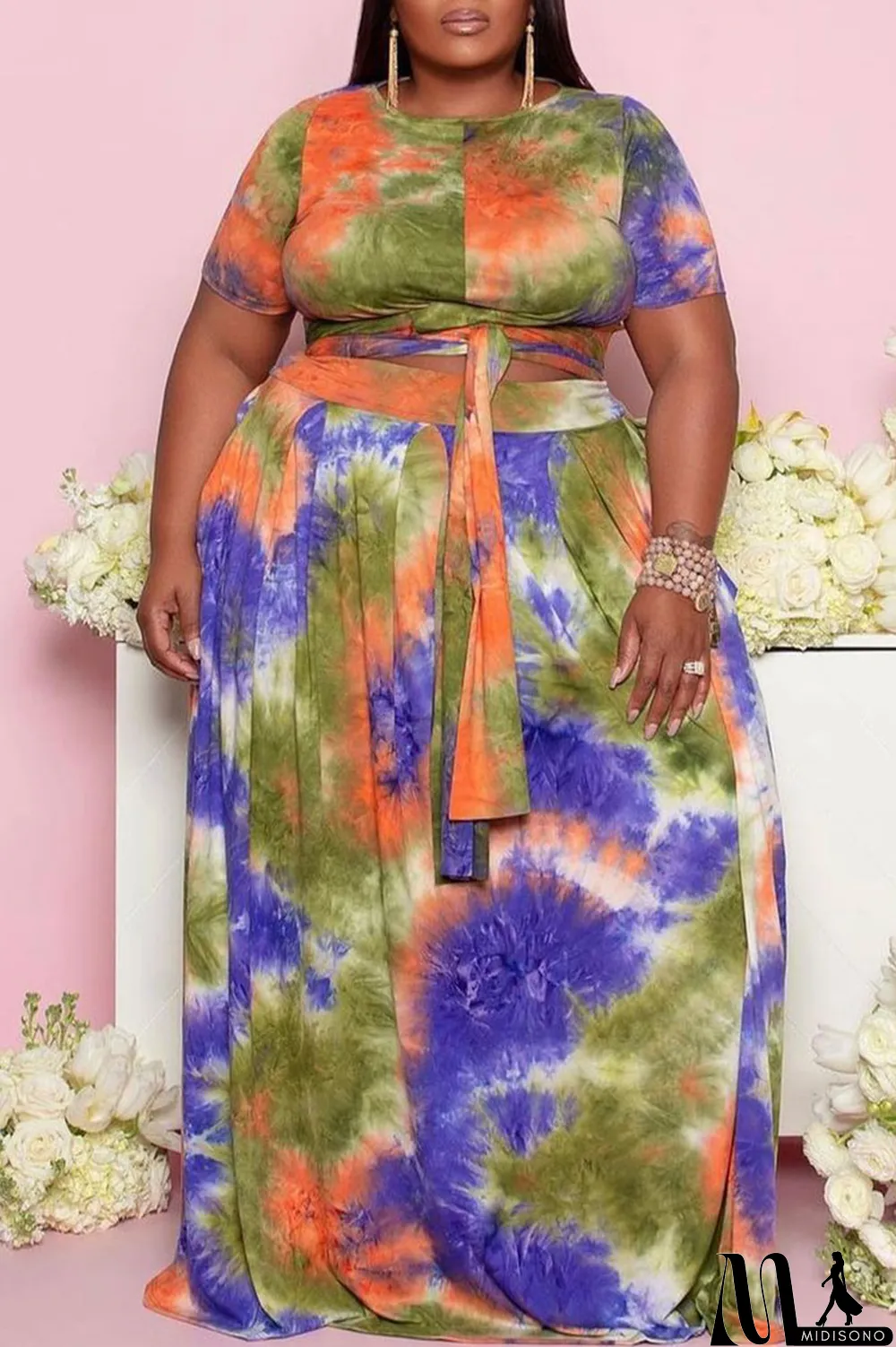 MidiSono - Green Casual Print Tie Dye Bandage Split Joint O Neck Plus Size Two Pieces