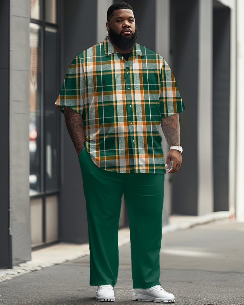 Classic Green Plaid Short Sleeve Shirt Trousers Suit Men's Plus Size