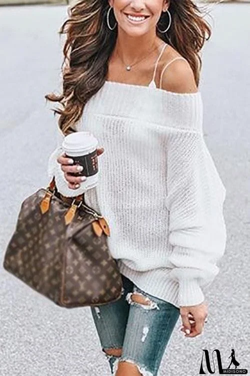MidiSono - Off Shoulder Puff Sleeve Sweater