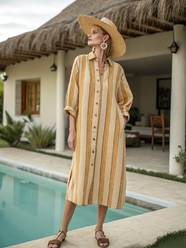 Cotton and linen women's resort shirt dress