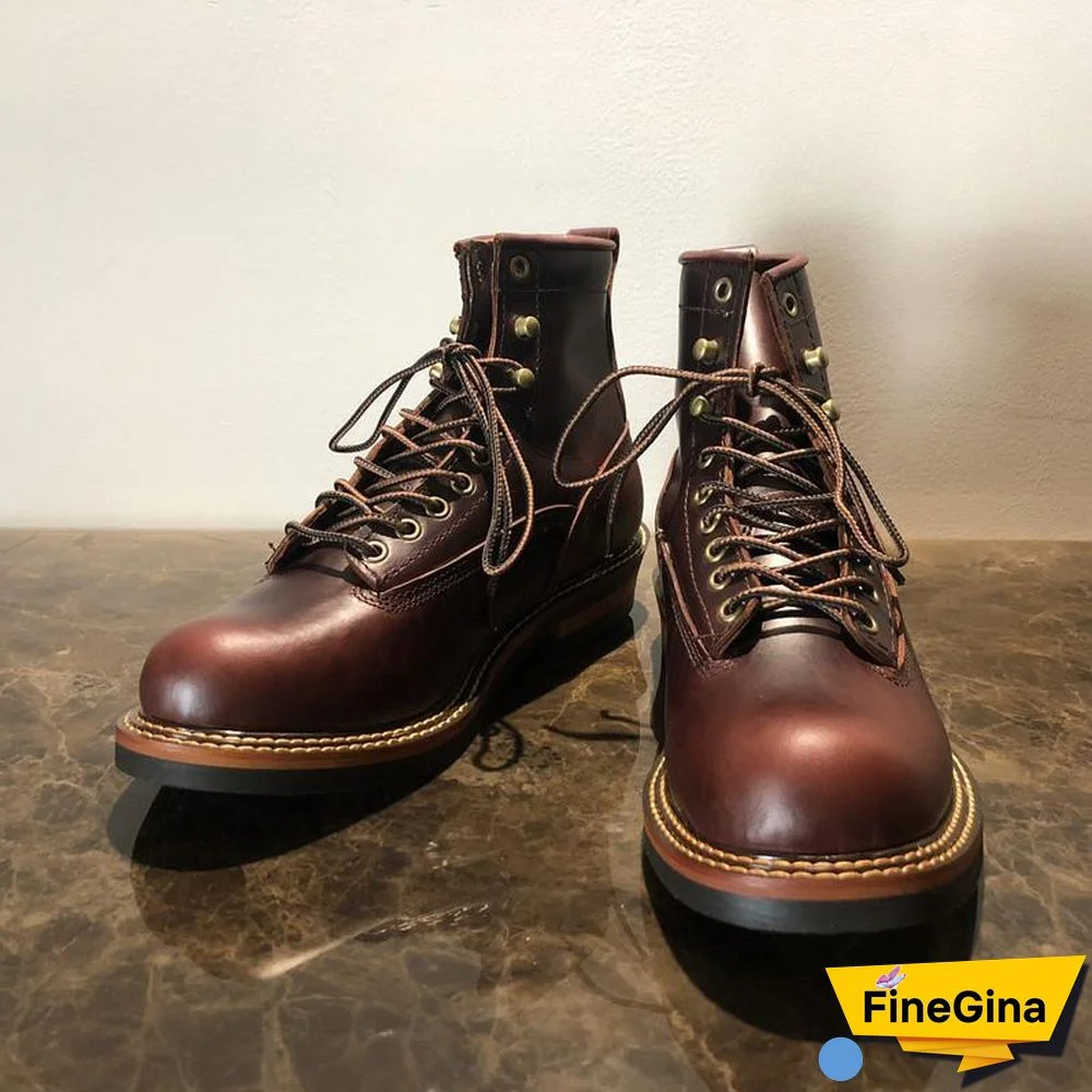 Vintage Lace-Up New Genuine Leather Platform Men Ring Black Red Ankle Boots Dress Work Casual Motorcycle Boots