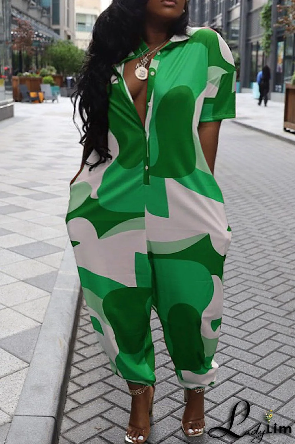 Green Casual Street Print Patchwork Zipper Collar Loose Jumpsuits