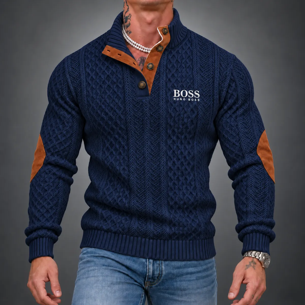Navy blue textured button-neck sweater styled with denim