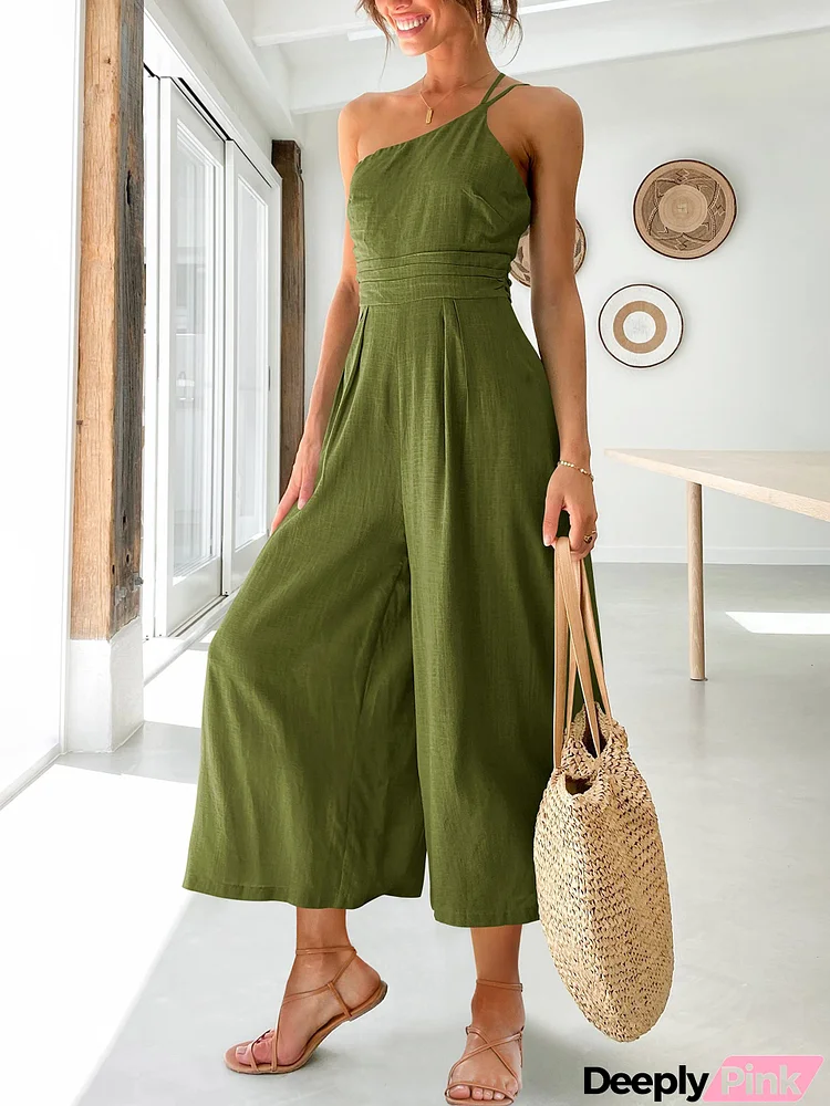 One Shoulder Pleated High Waist Casual Jumpsuit Romper with Pockets