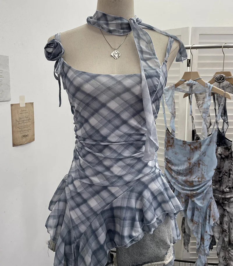 Uveng Real Shooting Retro Tie-Dye-Print Mesh Sling Sling Sling Vest Irregular Lotus Leaf Edge Ribbon Sleeveless Top 1185