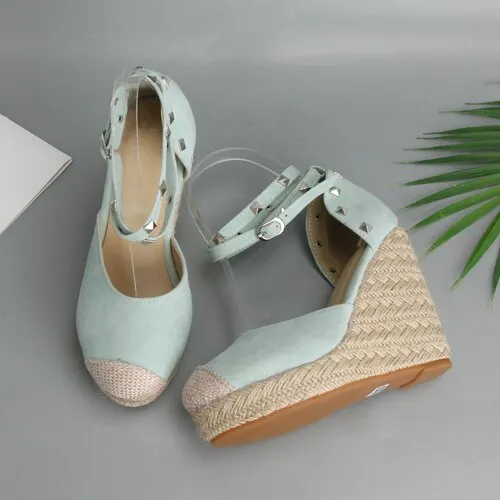 Meotina Summer High Heels Women Sandals Rivets Espadrille Platform Wedges Heel Ankle Strap Shoes Bohemia Sandals Big Size 34-43