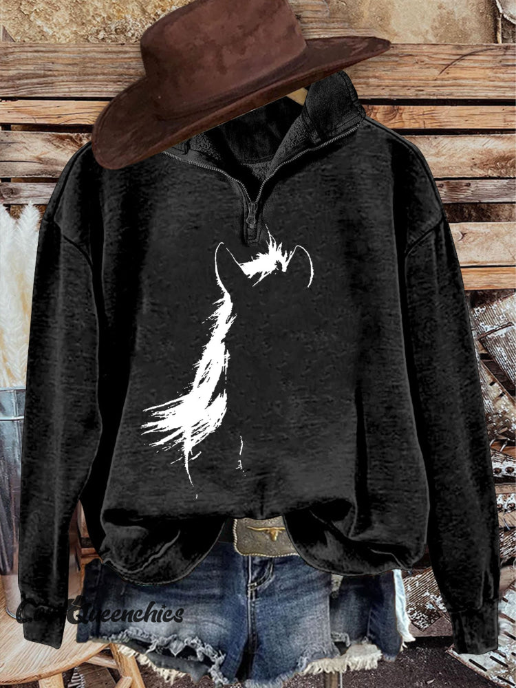 Western Horse Casual Long Sleeve Zip Sweatshirt Black / S