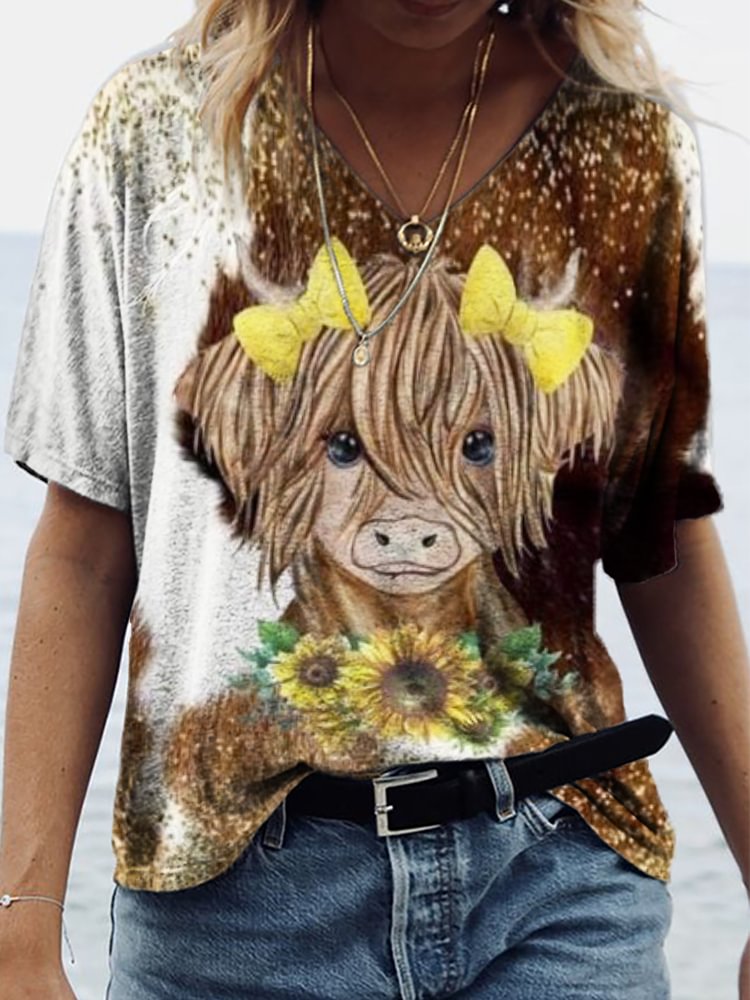 Highland With Sunflowers Cow Cowhide Print T Shirt