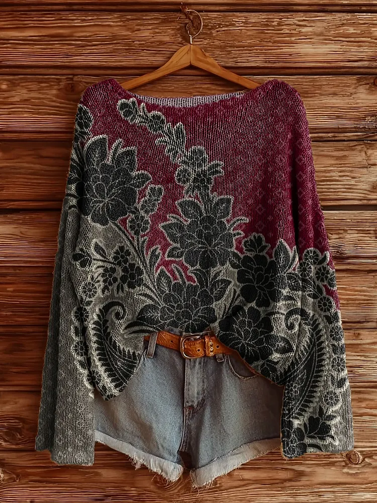 Women's Vintage Ethnic Floral Tattoo Pattern Art Print Casual Pullover Sweater