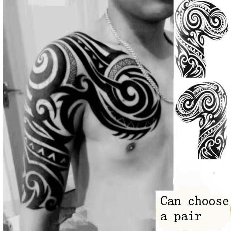 New Waterproof Tattoo Sticker Male Half Shoulder Dragon Totem Breastplate Flame Flower Arm Art Fake Tattoo Black Big Size Tattoo