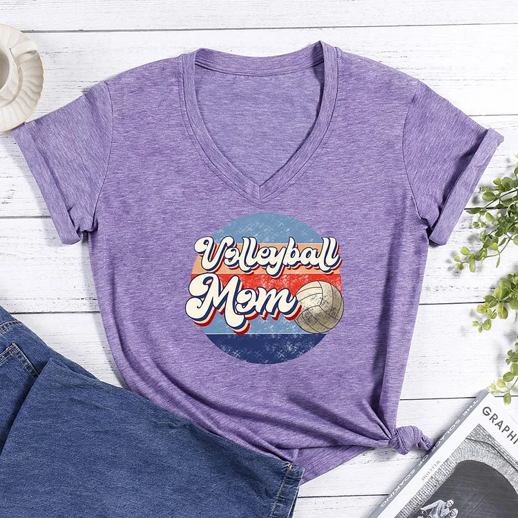 Volleyball Mom Retro V-neck T Shirt-Annaletters