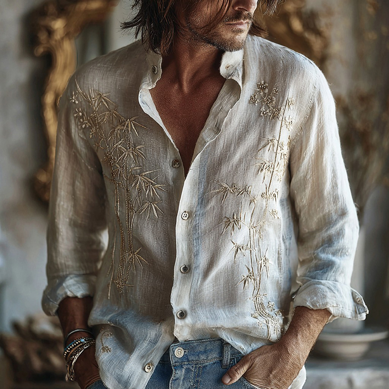 Men's Retro Bamboo Art Linen Long Sleeves Shirt  artssus