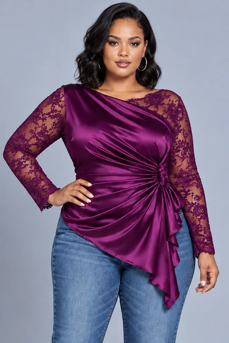 Xpluswear Design Plus Size Business Casual Lace Purple Round Neck Long Sleeve Contrast See Through Satin Blouses [Pre-Order] 2024 - Xpluswear
