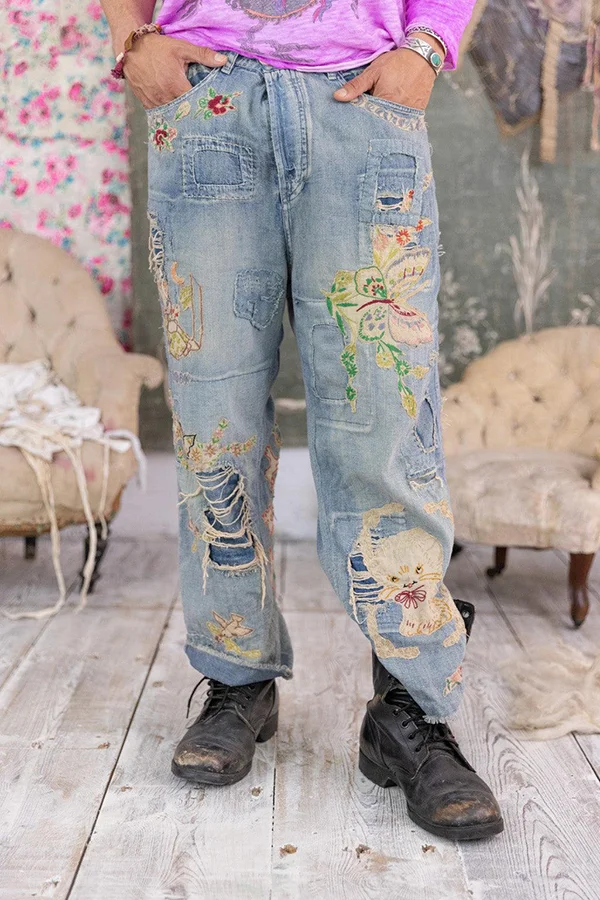 Casual Denim Floral Ripped Raw Trim Straight Leg Jeans