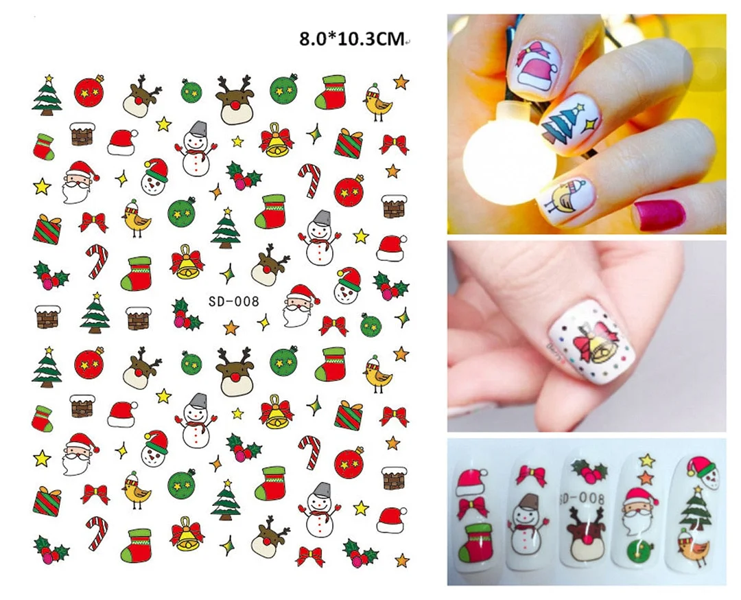 Merry Christmas 3D Nails Sticker Winter Cute Cartoon Sliders Snowflake Elk Xmas Tree Decal UV Gel Polisn Manicures Foils Decor-Nail Inspo