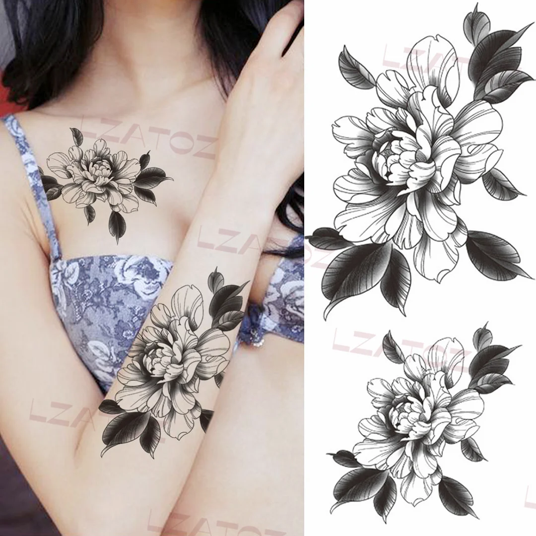 Sdrawing Big Letters Temporary Tattoos For Men Women Moon Pendant Peony Fake Tattoo Sticker Custom Armband Fashion Disposable Tatoo