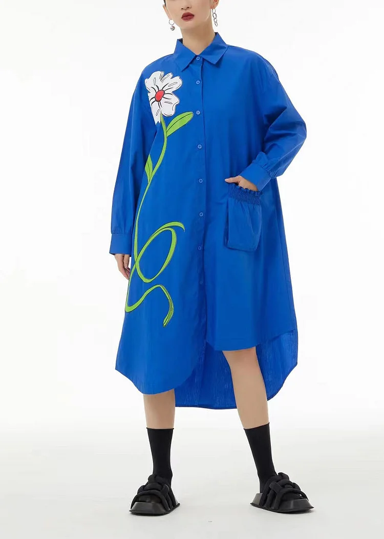 5.1Stylish Blue Asymmetrical Floral Pocket Cotton Vacation Dresses Spring
