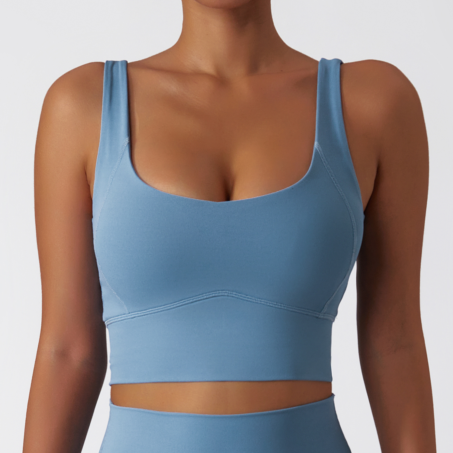 Hergymclothing Light Gray Blue widened hem buttery soft dri-fit comfort breathable lightweight high support workout vest bra with removable pads online shopping