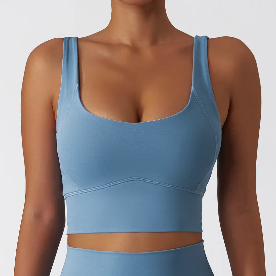 Hergymclothing Light Gray Blue widened hem buttery soft dri-fit comfort breathable lightweight high support workout vest bra with removable pads online shopping