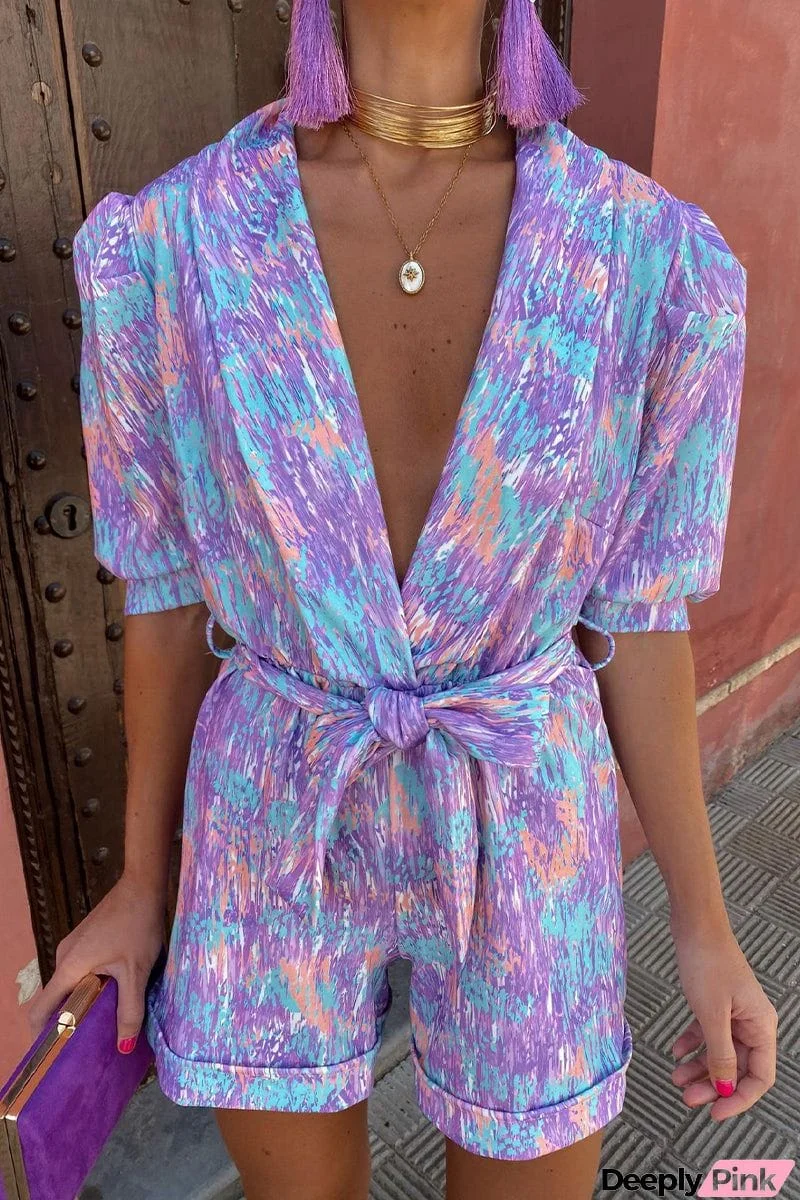 Casual Print Bandage Turn-back Collar Loose Jumpsuits
