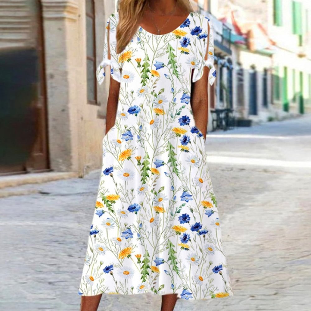 Youthful Floral Print Round Neck Midi Dress