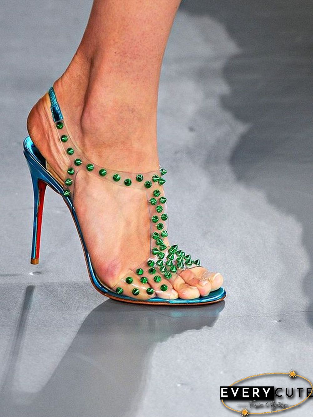 Green Rivet Clear PVC Sandals Open Toe Ankle Strap Thin High Heel Dress Shoes Stiletto Heel Ankle Buckle Runway Shoes