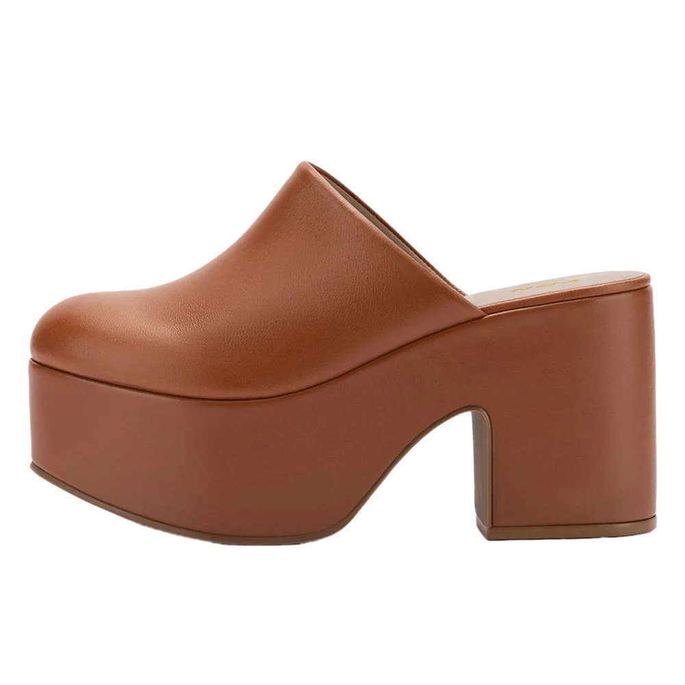 Brown Vegan Leather Round Toe Women's Platform Mules Shoes
