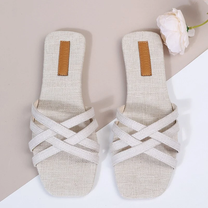 Qengg Women's Shoes Large Size Simple Cross Female Slippers Breathable Strap Summer Style Open Toed Flat Big Size Ladies Slides