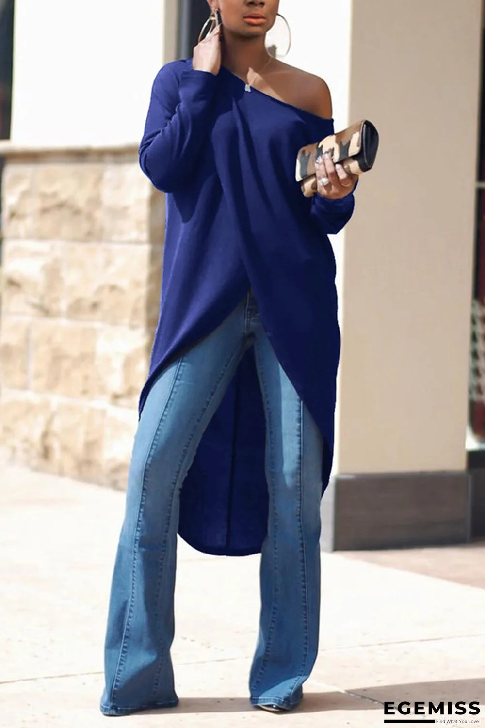 Royal blue adult Casual Fashion Cap Sleeve Long Sleeves O neck Asymmetrical Mid-Calf asymmetrical hol | EGEMISS