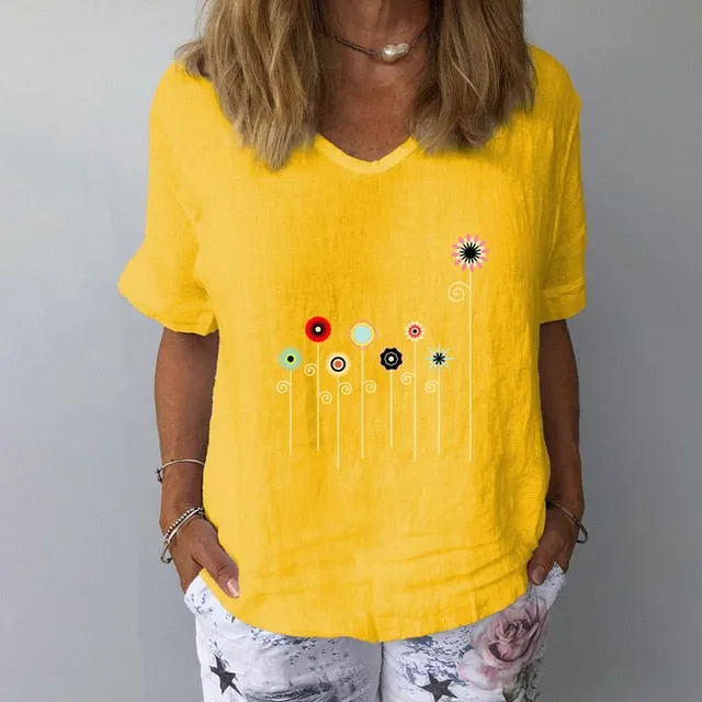 Women Summer Cotton Linen Blouse Casual V Neck Short Sleeve Femme Blouse Shirt New Letter Print 2022 Blusas Womens Tops S-3XL