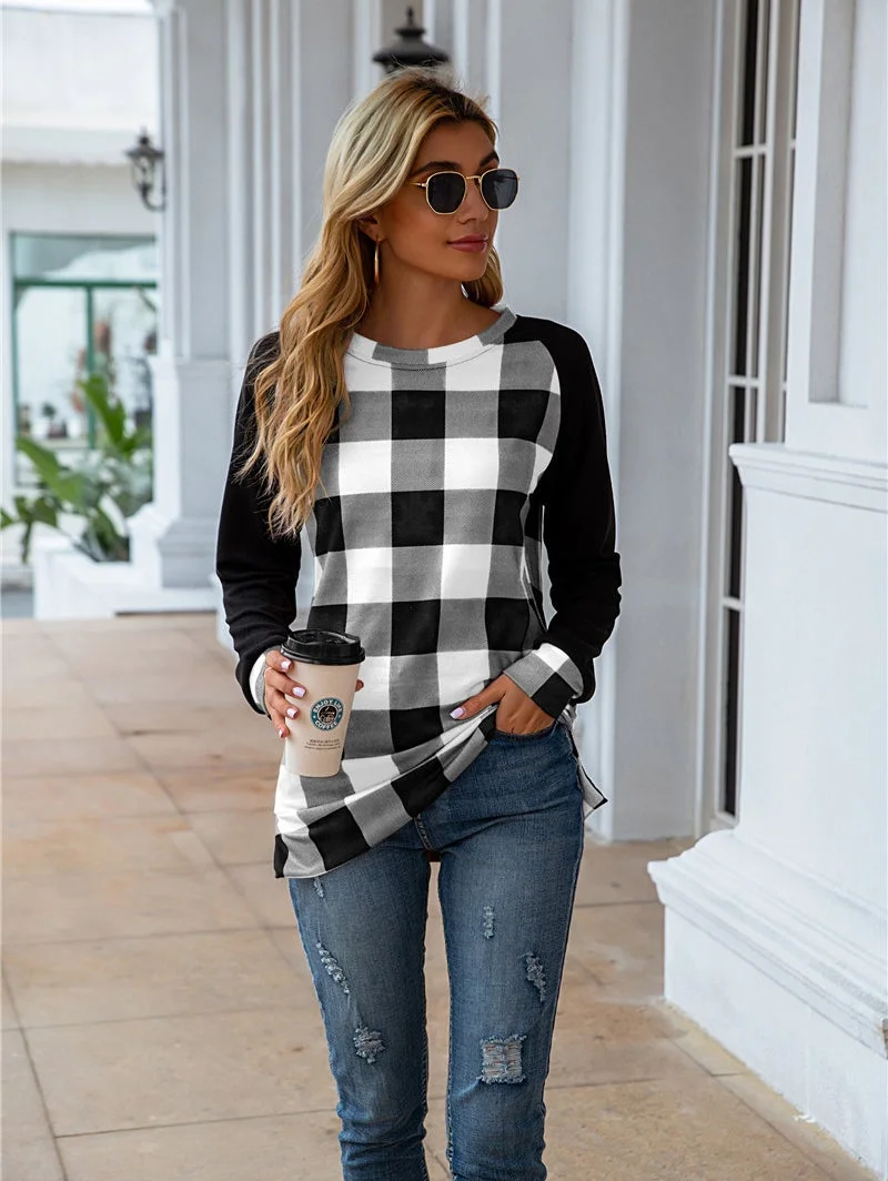 Plaid O-Neck Splicing Cardigan Women's Sweatshirt