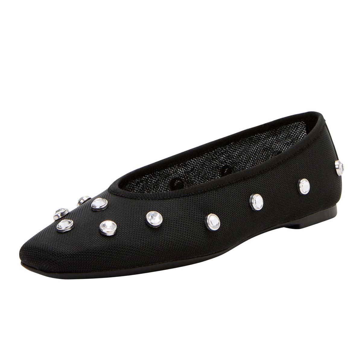 Mesh Rhinestone Studs Square Toe Black Ballet Flats for Women Nicepairs