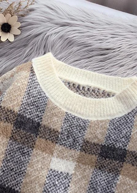 Women beige crane tops warm plus size plaid knit sweat tops